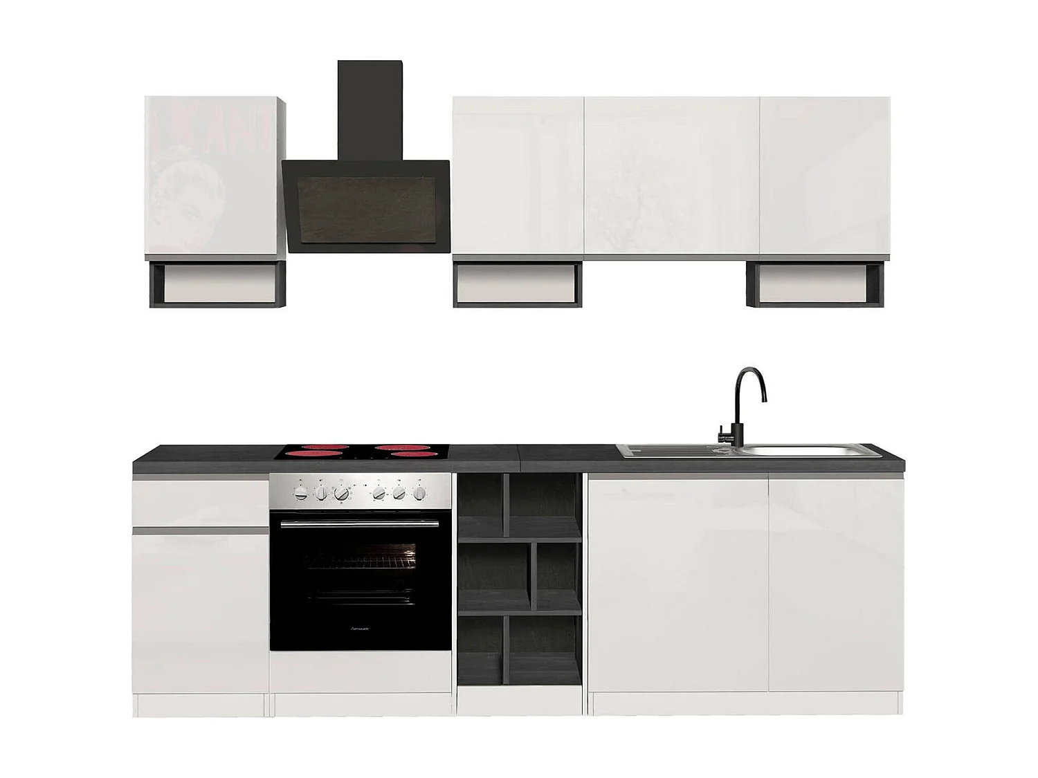 Dcelient complete keuken, Set met bijkeuken, Keukenkast, Lineaire blokkit, 100% Made in Italy, 255x60h85 cm, Glanzend wit en leisteen
