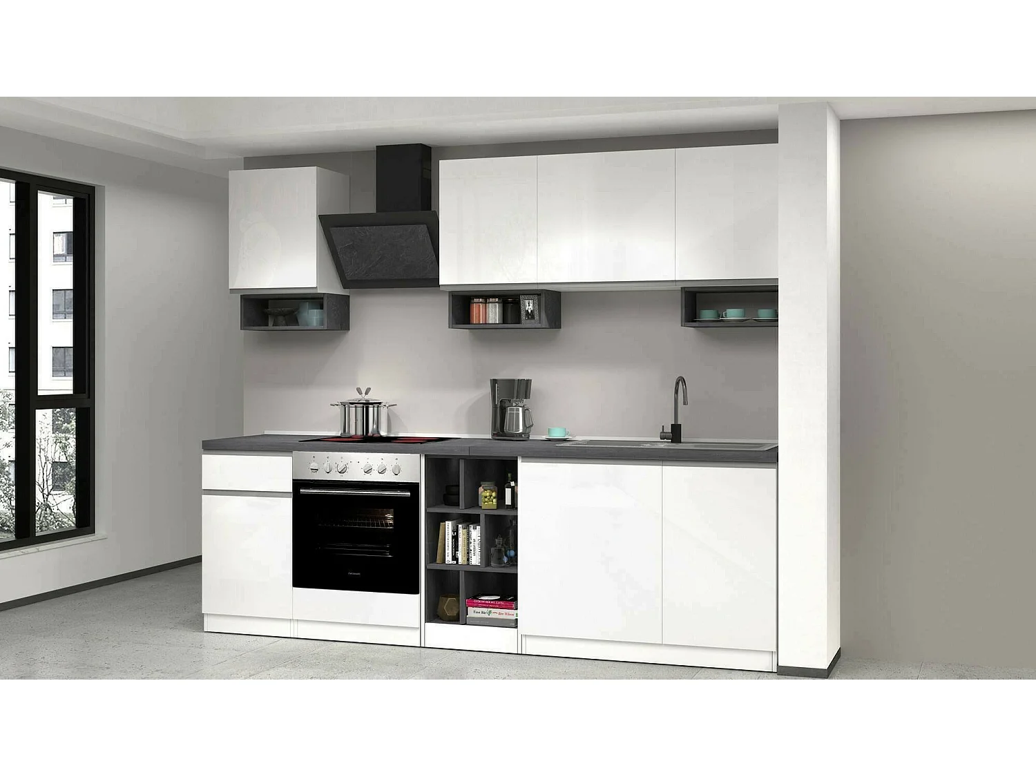 Dcelient complete keuken, Set met bijkeuken, Keukenkast, Lineaire blokkit, 100% Made in Italy, 255x60h85 cm, Glanzend wit en leisteen