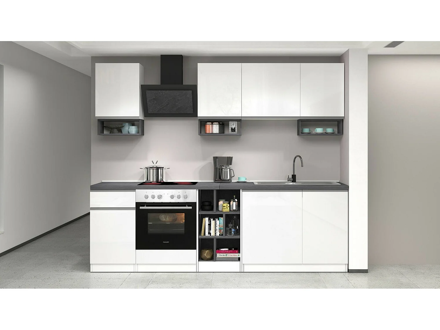 Dcelient complete keuken, Set met bijkeuken, Keukenkast, Lineaire blokkit, 100% Made in Italy, 255x60h85 cm, Glanzend wit en leisteen