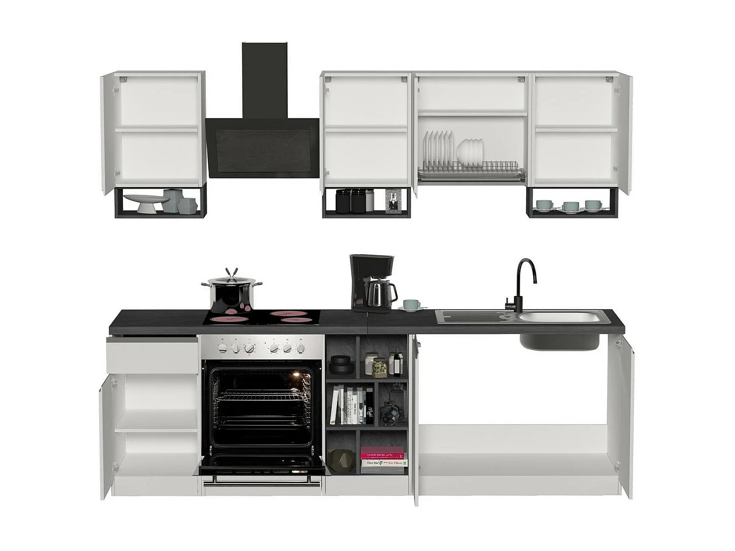 Dcelient complete keuken, Set met bijkeuken, Keukenkast, Lineaire blokkit, 100% Made in Italy, 255x60h85 cm, Glanzend wit en leisteen