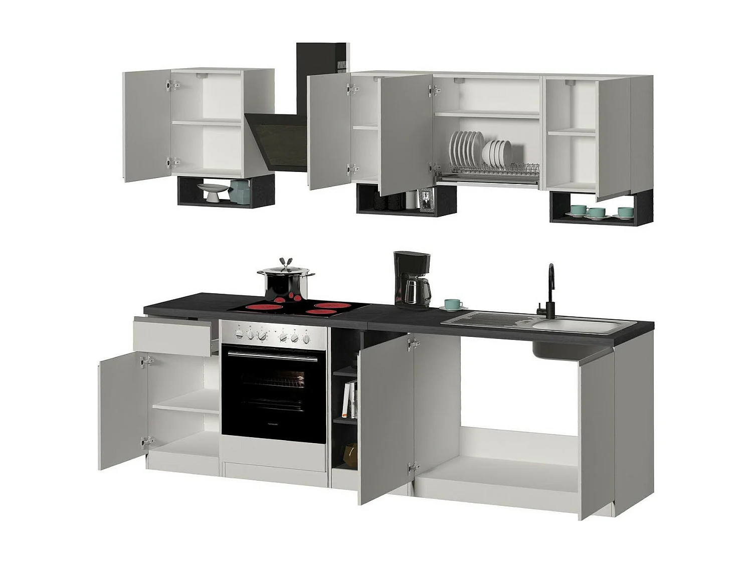 Cuisine complète Dcelient, Ensemble avec garde-manger, Meuble de kitchenette, Kit bloc linéaire, 100% Made in Italy, 255x60h85 cm, Blanc brillant et ardoise