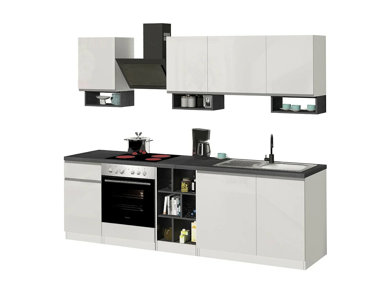 Vollständige Küche Dcelient, Set mit Speisekammer, Küchenzeile Schrank, Linearer Blocksatz, 100 % Made in Italy, 255x60h85 cm, Glänzendes WeiÃŸ und Schiefer