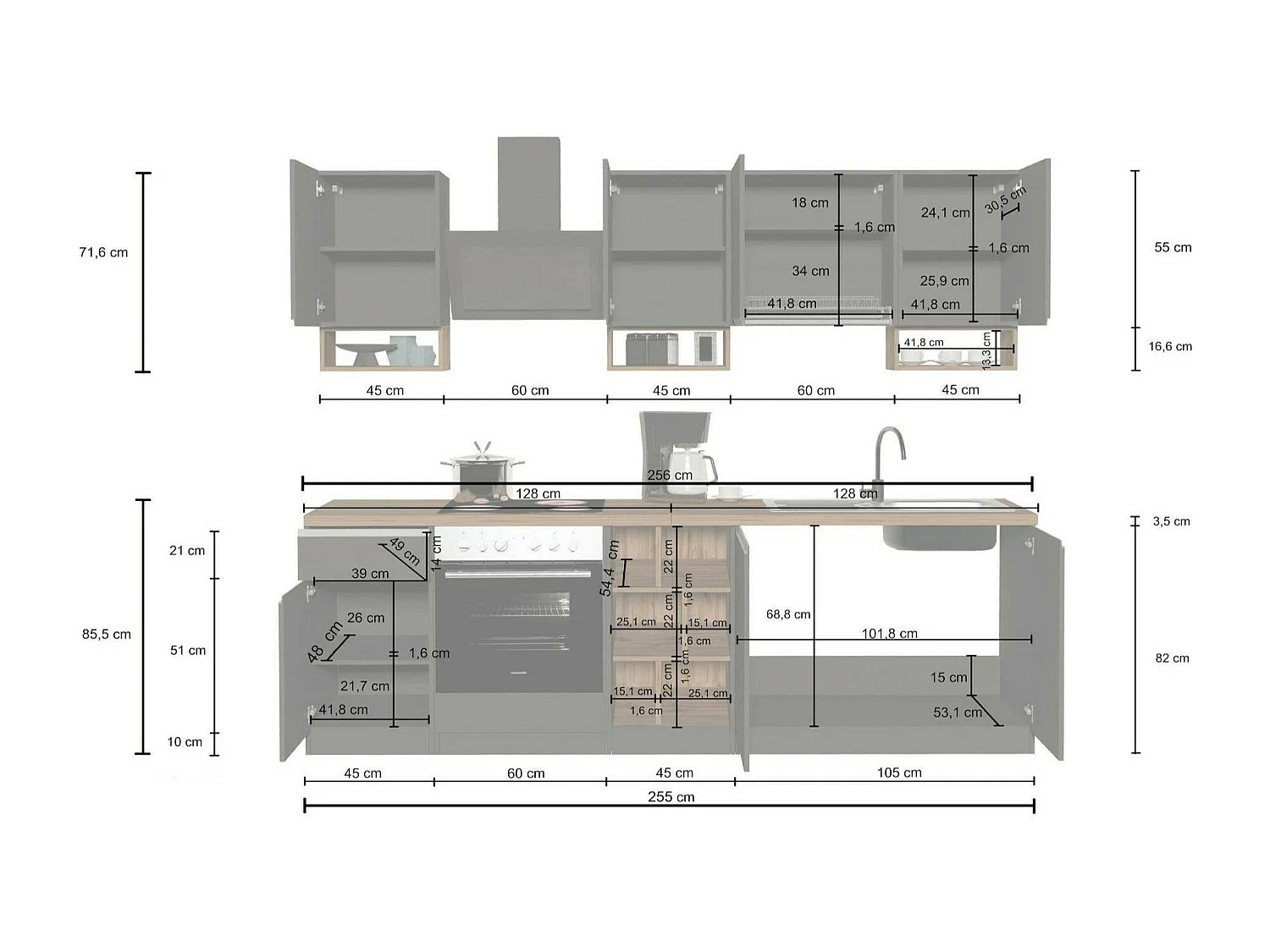 Vollständige Küche Dcelient, Set mit Speisekammer, Küchenzeile Schrank, Linearer Blocksatz, 100 % Made in Italy, 255x60h85 cm, Glänzendes WeiÃŸ und Schiefer