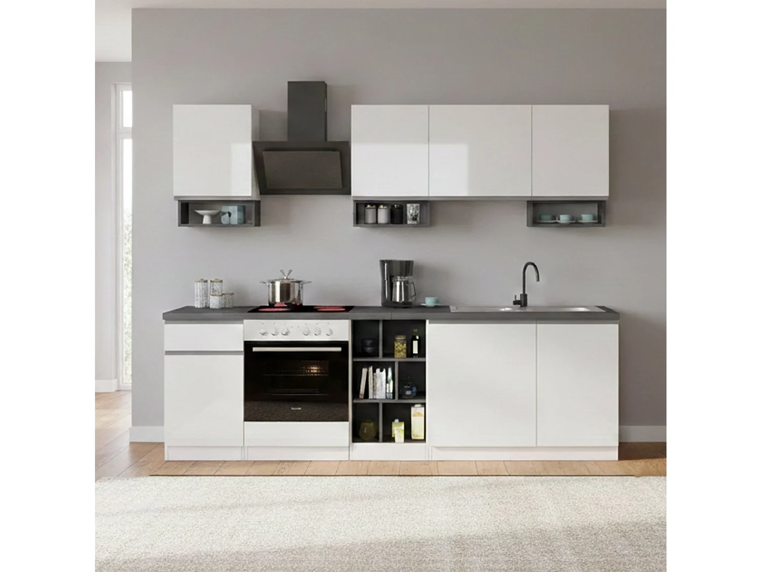 Vollständige Küche Dcelient, Set mit Speisekammer, Küchenzeile Schrank, Linearer Blocksatz, 100 % Made in Italy, 255x60h85 cm, Glänzendes WeiÃŸ und Schiefer