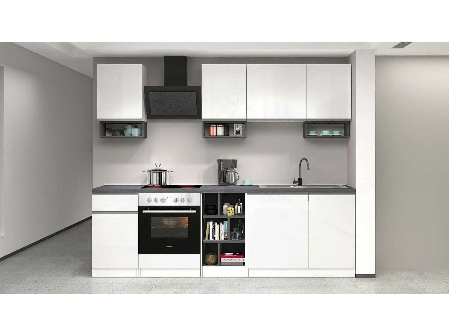 Cuisine complète Dcelient, Ensemble avec garde-manger, Meuble de kitchenette, Kit bloc linéaire, 100% Made in Italy, 255x60h85 cm, Blanc brillant et ardoise
