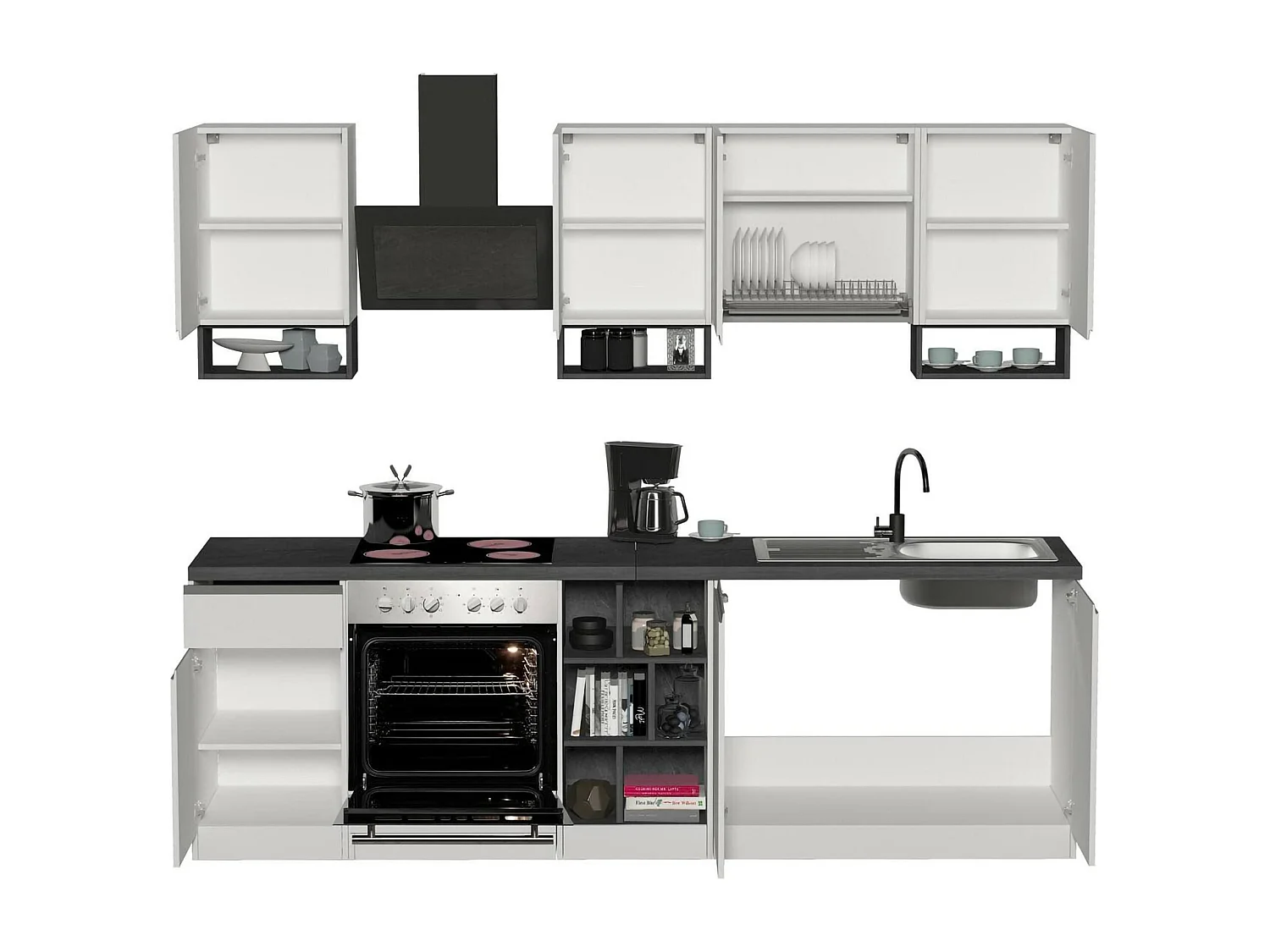 Cuisine complète Dcelient, Ensemble avec garde-manger, Meuble de kitchenette, Kit bloc linéaire, 100% Made in Italy, 255x60h85 cm, Blanc brillant et ardoise