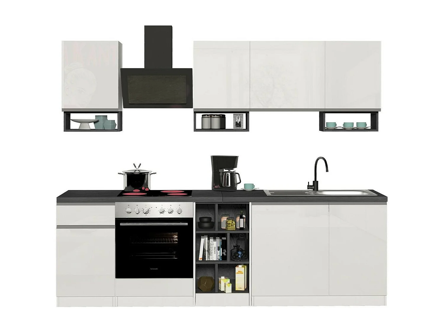 Keuken Attimis, 19 legplanken, gemaakt in Italië, hoogglans wit, keukenblok, één lade, 20 vakken