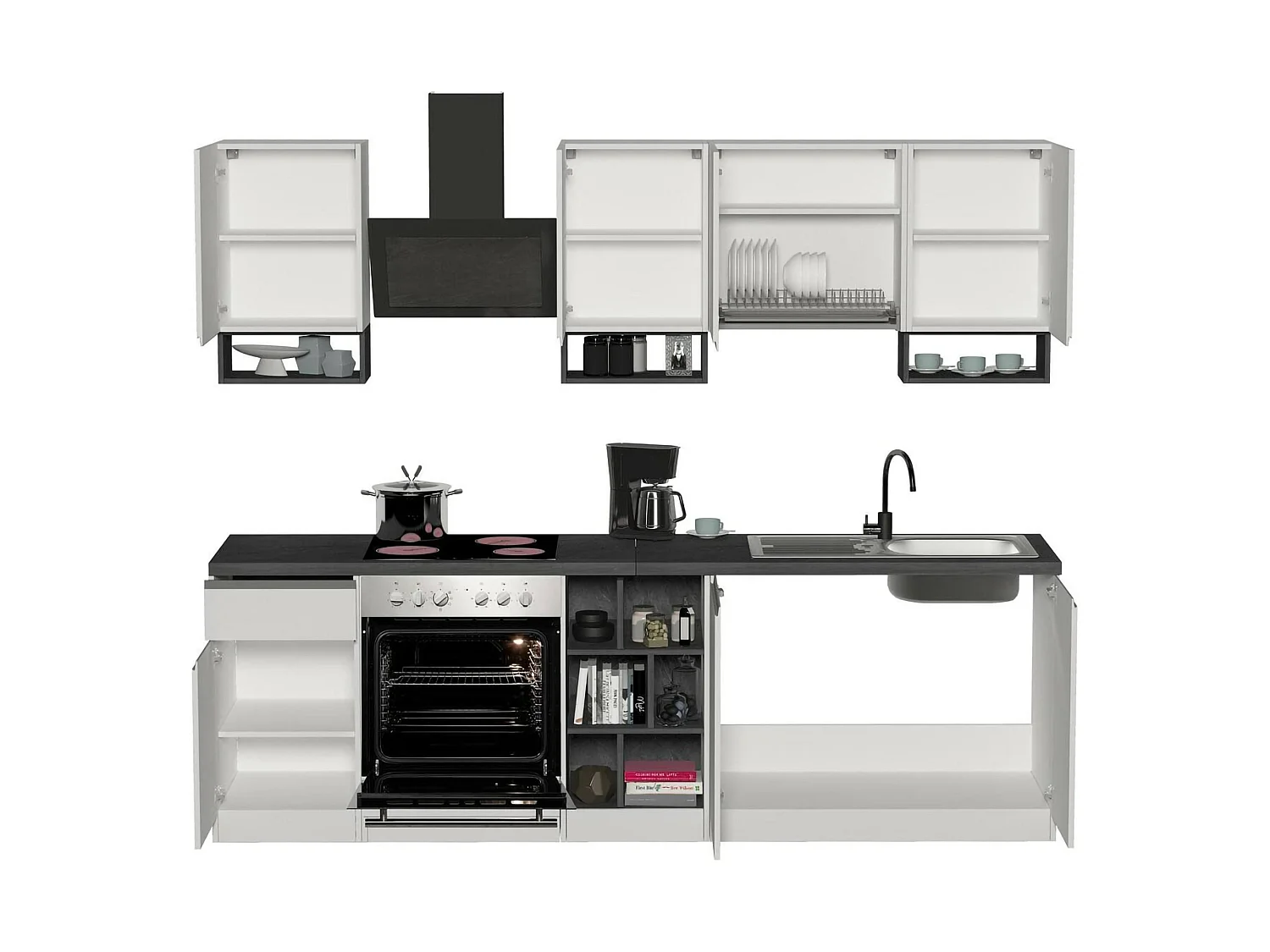 Cuisine Attimis, 19 étagères, Fabriqué en Italie, Blanc laqué brillant, kitchenette, un tiroir, 20 compartiments, Électroménagers non inclus