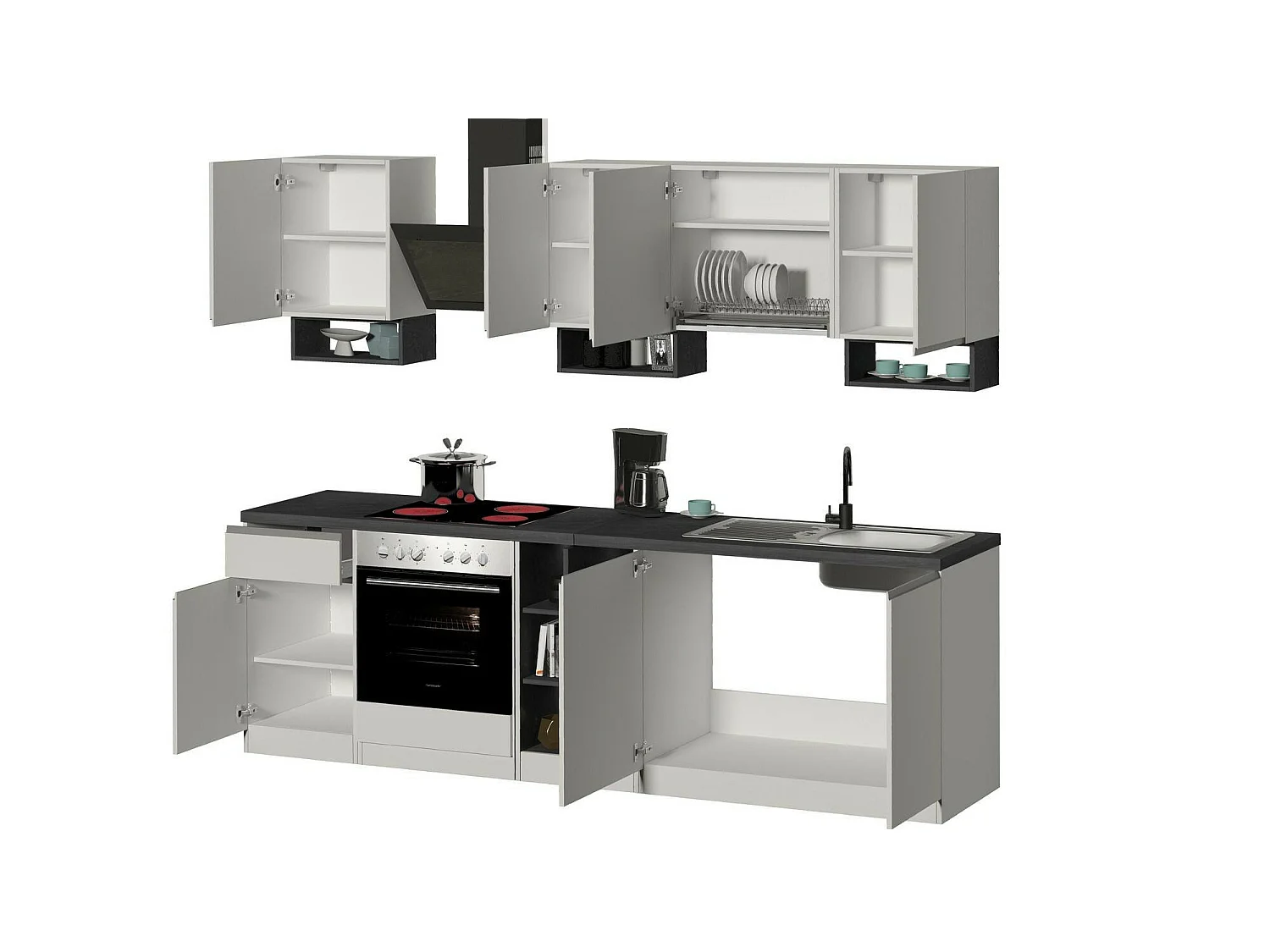 Cuisine Attimis, 19 étagères, Fabriqué en Italie, Blanc laqué brillant, kitchenette, un tiroir, 20 compartiments, Électroménagers non inclus