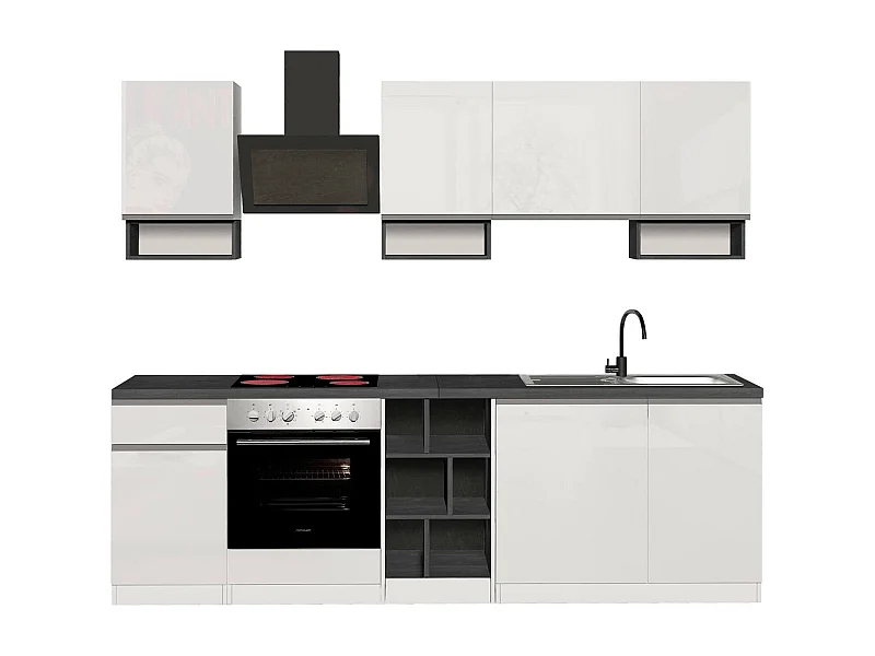 Dmora - Cucina completa Attimis, 255x60h85 cm, Bianco lucido e Ardesia