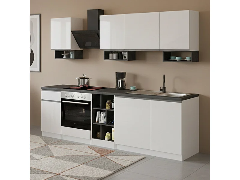 Vollständige Küche Dcelient, Set mit Speisekammer, Küchenzeile Schrank, Linearer Blocksatz, 100 % Made in Italy, 255x60h85 cm, Glänzendes WeiÃŸ und Schiefer