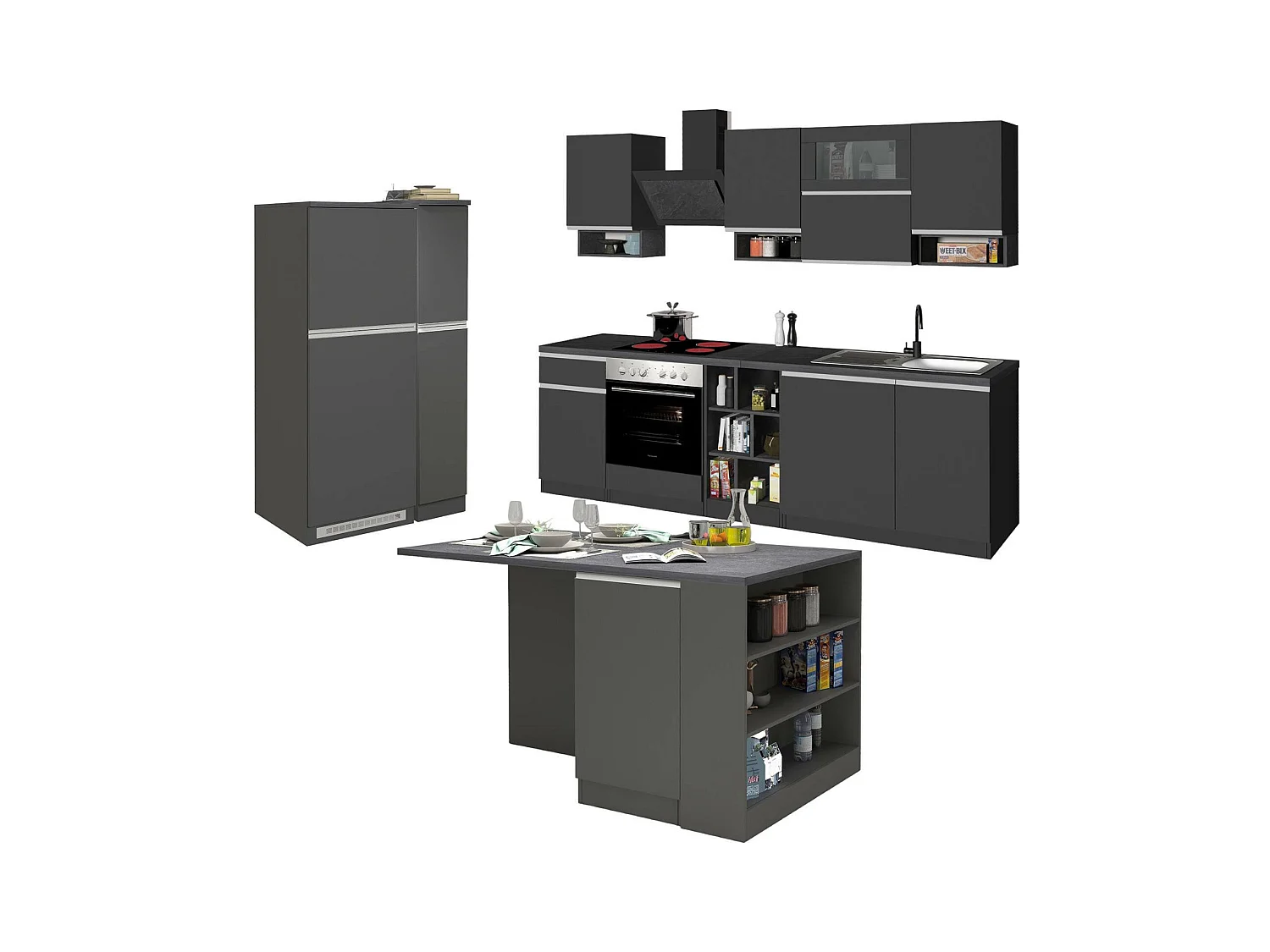 Vollständige Küche Dancelott, Set mit Speisekammer, Küchenzeile Schrank, Blockbausatz mit Insel und Kühlschrankträger, 100 % Made in Italy, Anthrazit und Schiefer