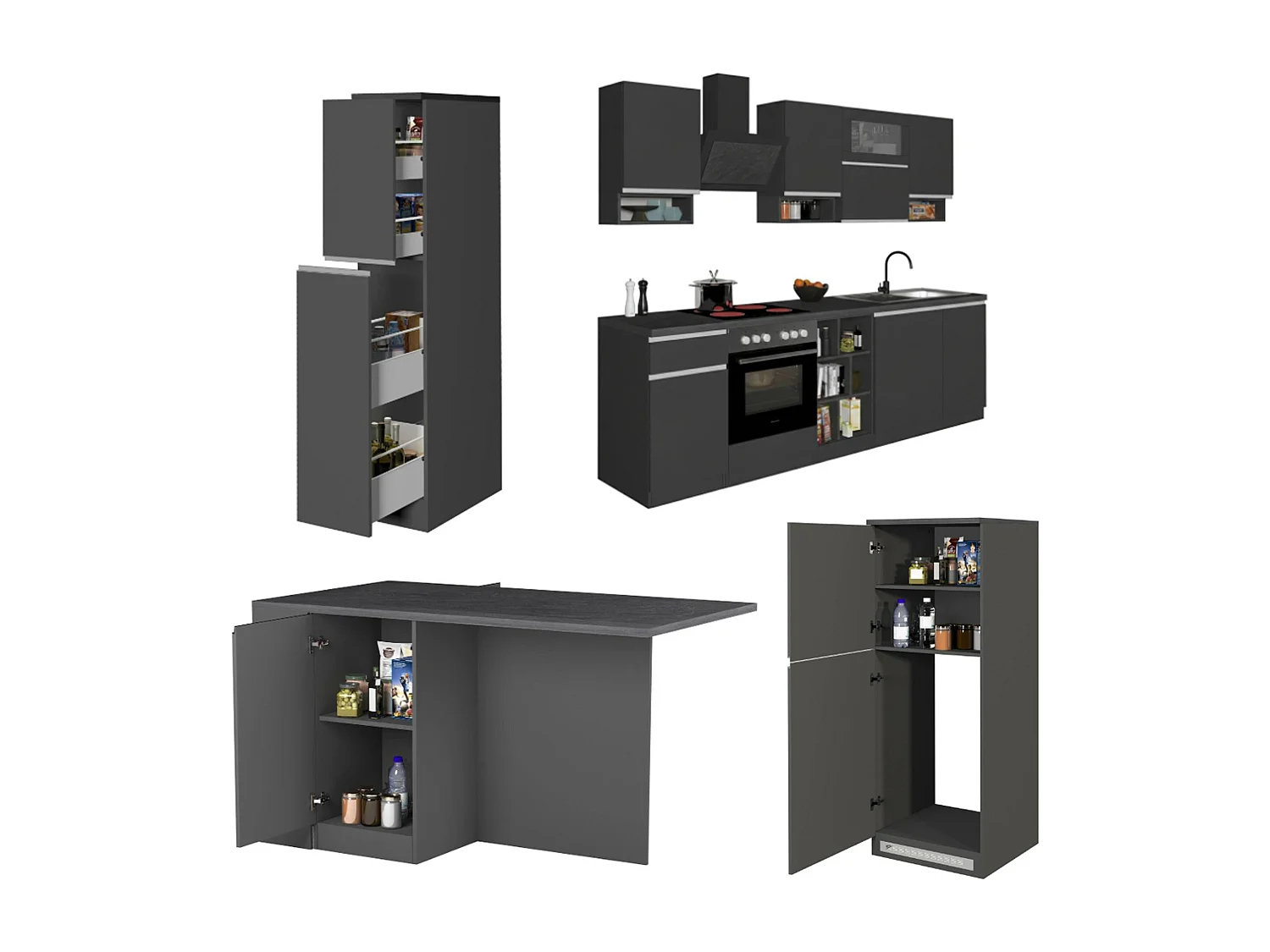 Cuisine complète Dancelott, Ensemble avec garde-manger, Meuble de kitchenette, Kit bloc avec îlot et porte-frigo, 100% Made in Italy, Anthracite et Ardoise