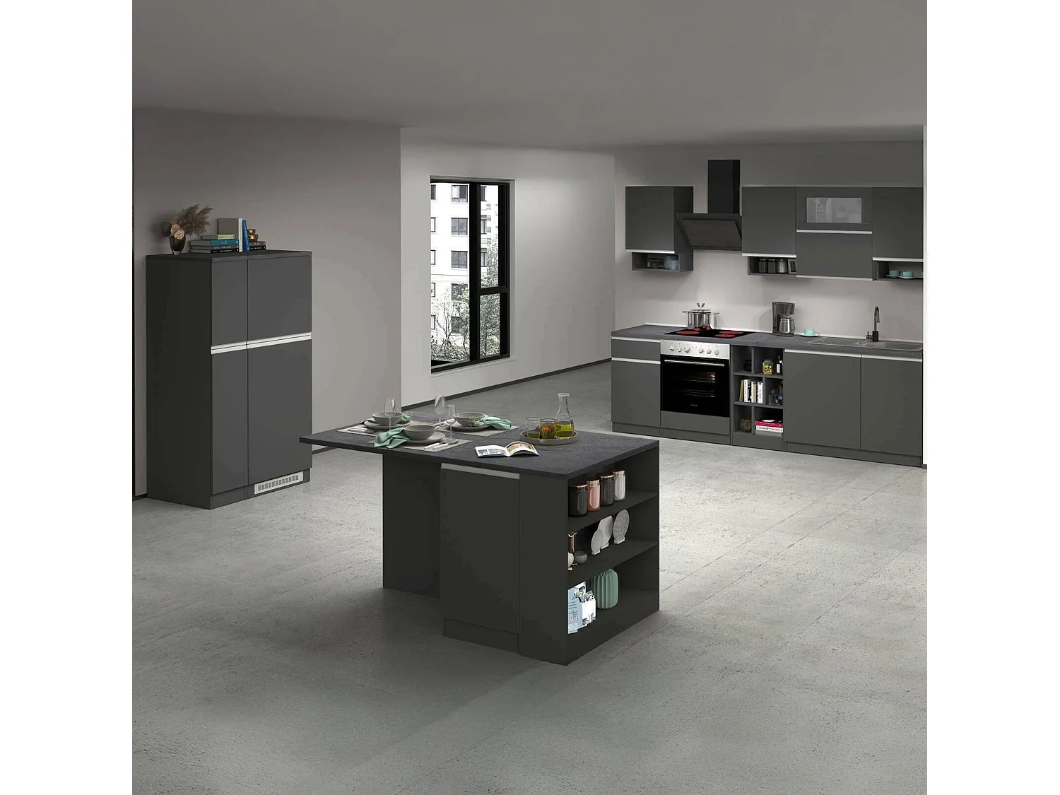 Cuisine complète Dancelott, Ensemble avec garde-manger, Meuble de kitchenette, Kit bloc avec îlot et porte-frigo, 100% Made in Italy, Anthracite et Ardoise