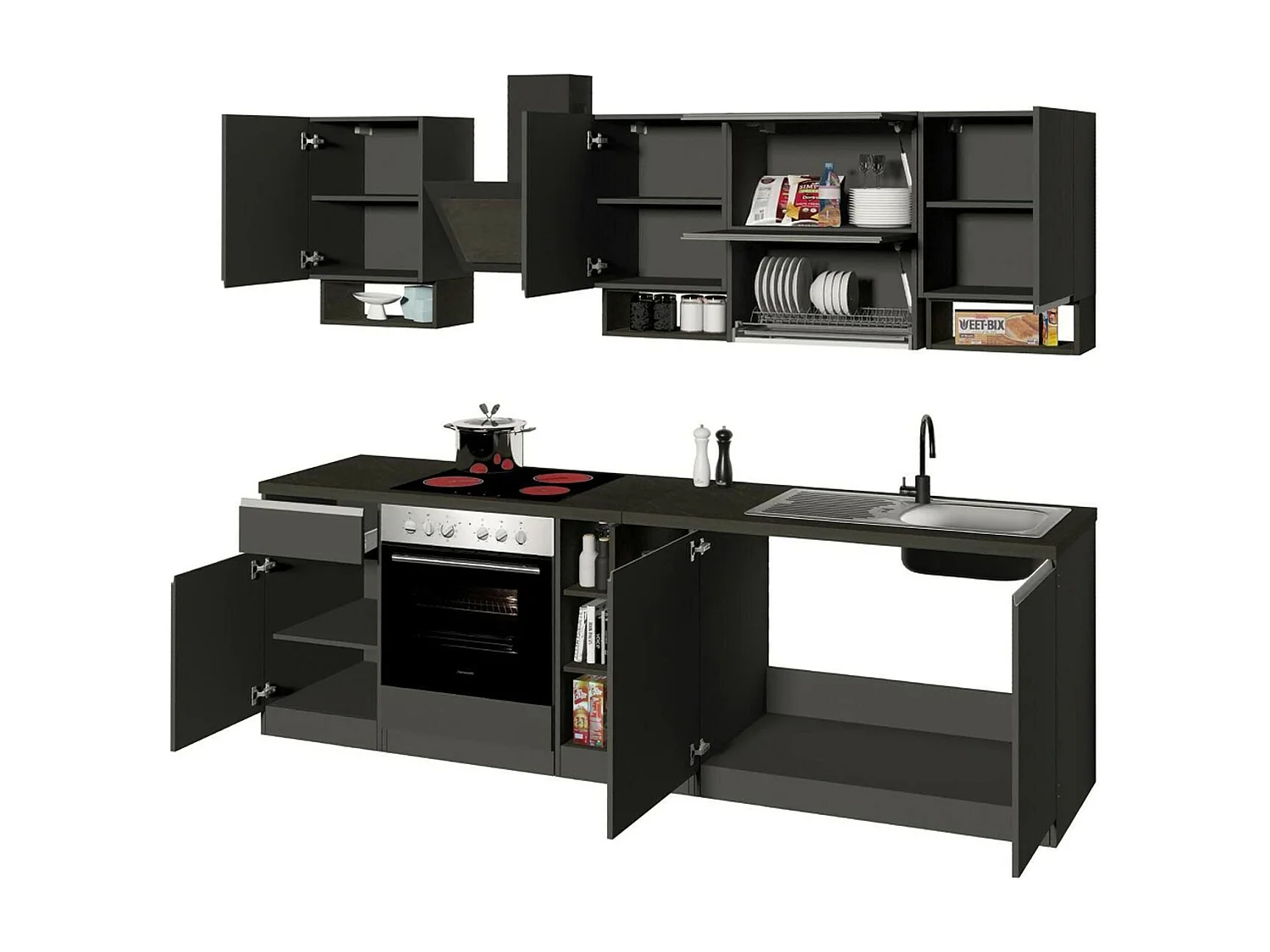 Cuisine complète Dancelott, Ensemble avec garde-manger, Meuble de kitchenette, Kit bloc avec îlot et porte-frigo, 100% Made in Italy, Anthracite et Ardoise