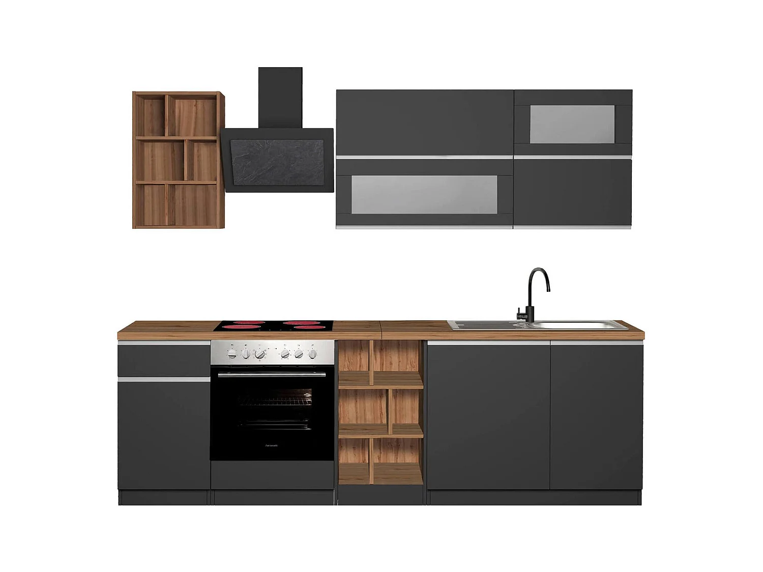 Dcastill complete keuken, Set met bijkeuken, Keukenkast, Lineaire blokkit, 100% Made in Italy, 255x60h85 cm, Antraciet en Eiken
