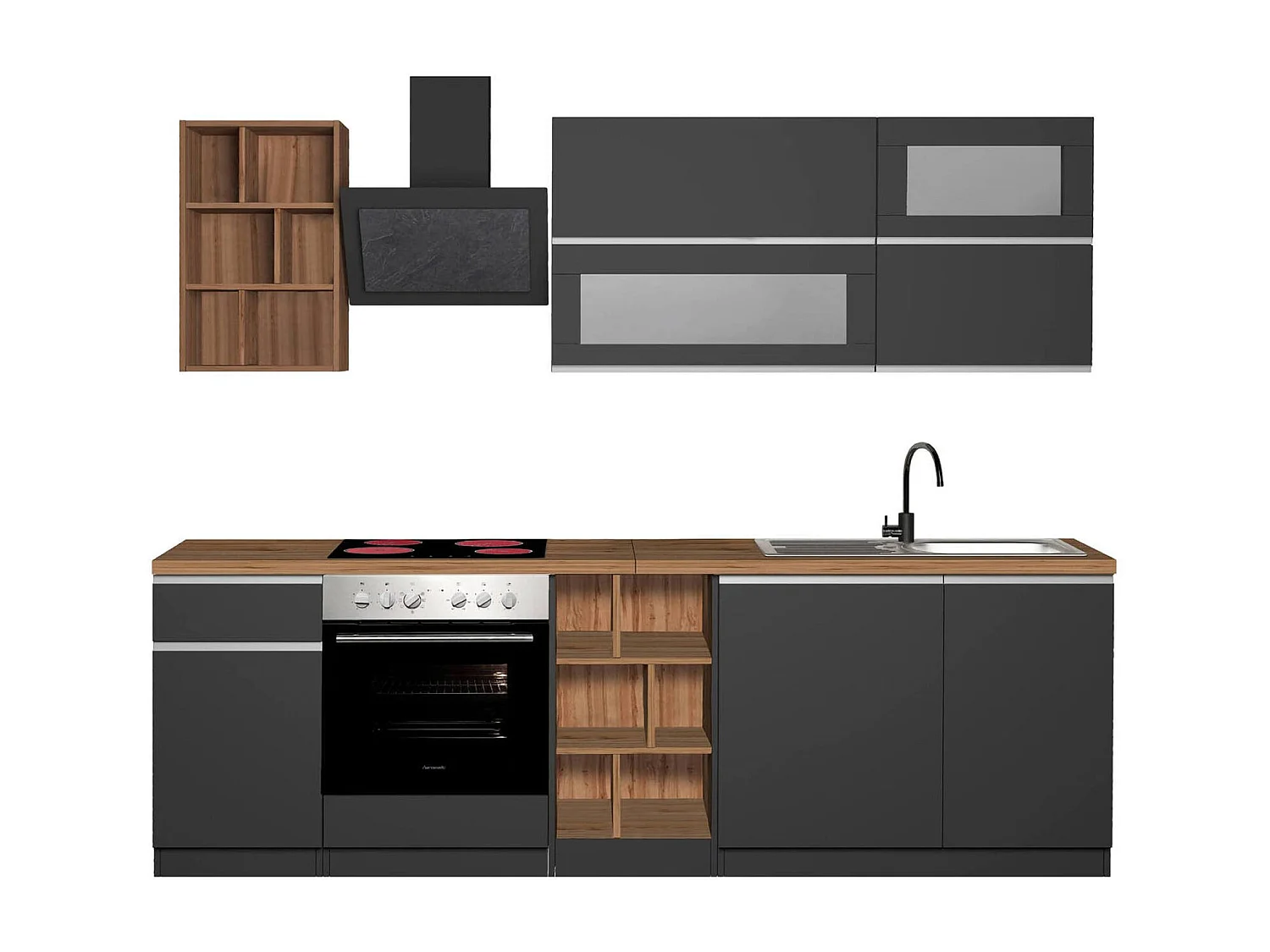 Cozinha completa Dcastill, Conjunto com despensa, Armário de cozinha, Kit de bloco linear, 100% Fabricado em Itália, 255x60h85 cm, Antracite e Carvalho