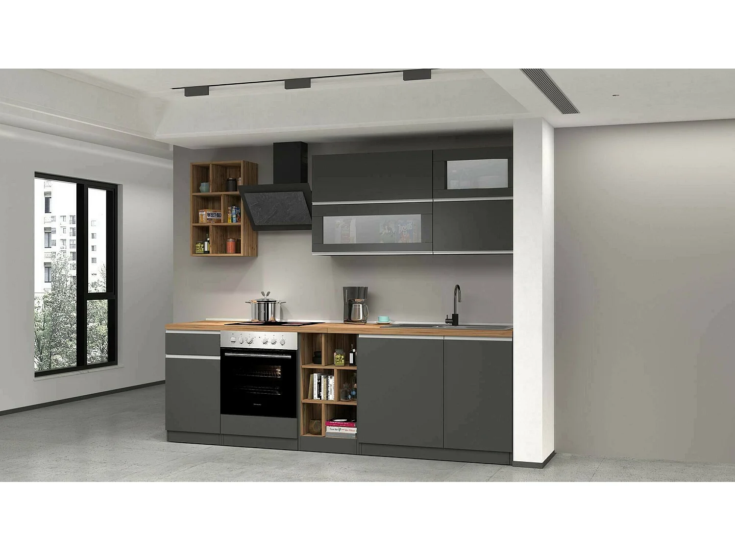 Cozinha completa Dcastill, Conjunto com despensa, Armário de cozinha, Kit de bloco linear, 100% Fabricado em Itália, 255x60h85 cm, Antracite e Carvalho