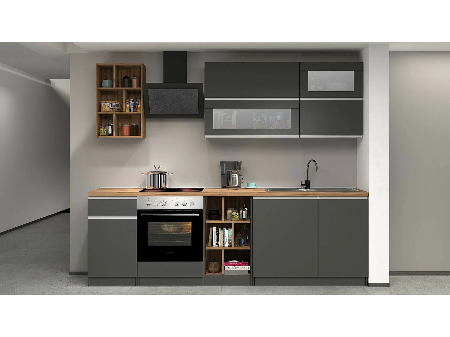 Cozinha completa Dcastill, Conjunto com despensa, Armário de cozinha, Kit de bloco linear, 100% Fabricado em Itália, 255x60h85 cm, Antracite e Carvalho