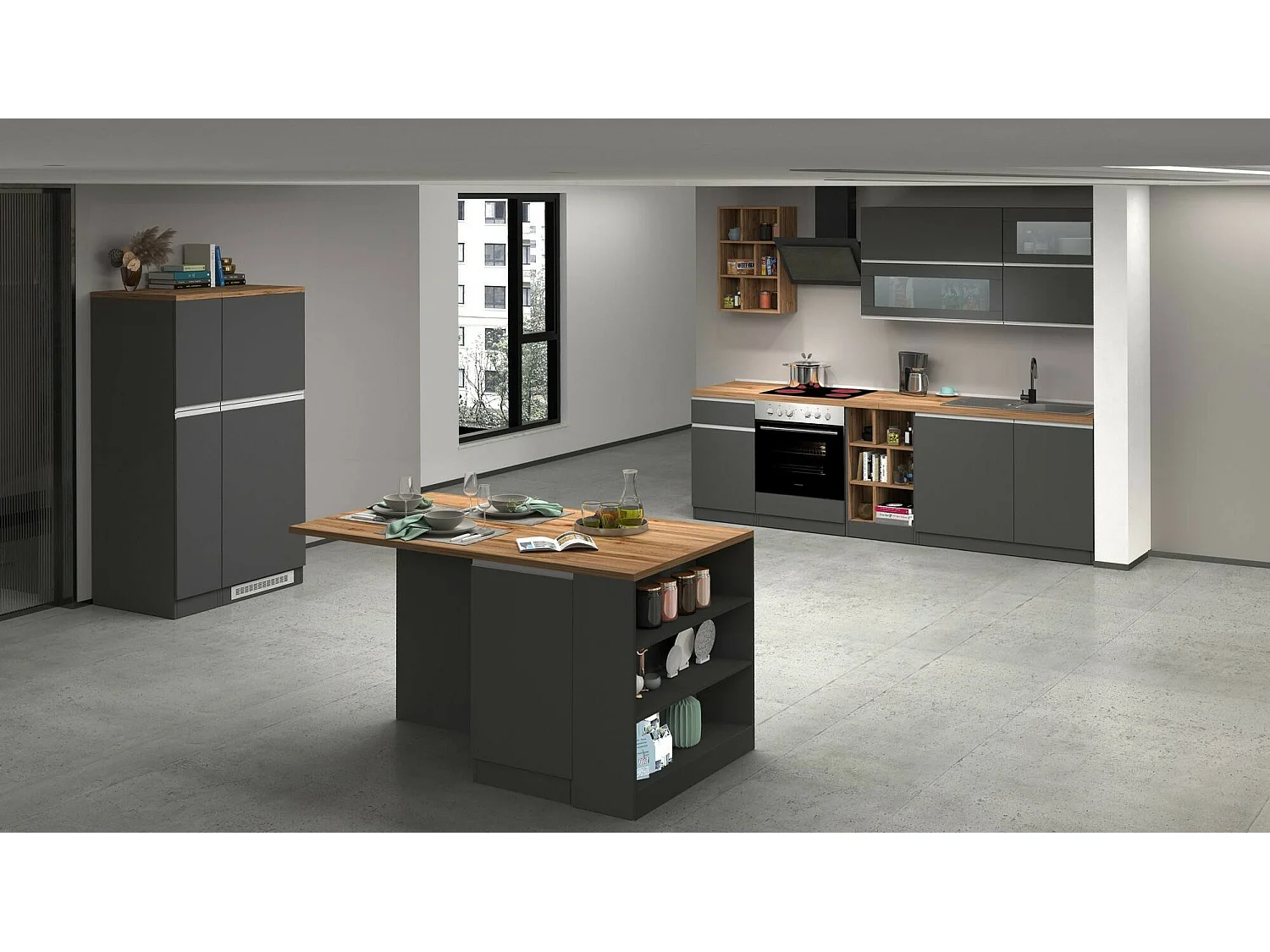 Cuisine complète Dcastill, Ensemble avec garde-manger, Meuble de kitchenette, Kit bloc linéaire, 100% Made in Italy, 255x60h85 cm, Anthracite et Chêne