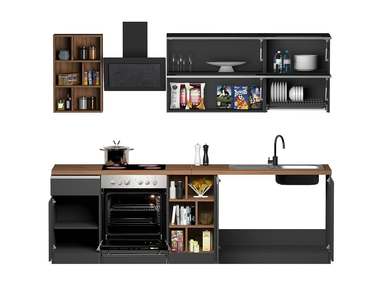 Cuisine complète Dcastill, Ensemble avec garde-manger, Meuble de kitchenette, Kit bloc linéaire, 100% Made in Italy, 255x60h85 cm, Anthracite et Chêne