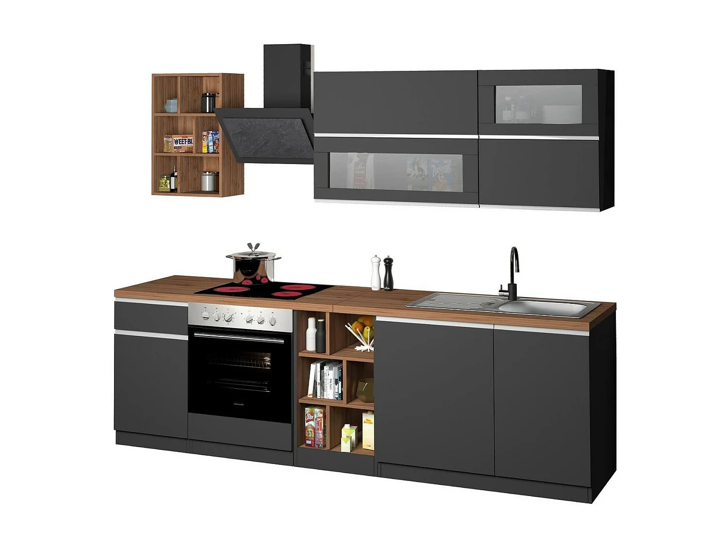 Cuisine complète Dcastill, Ensemble avec garde-manger, Meuble de kitchenette, Kit bloc linéaire, 100% Made in Italy, 255x60h85 cm, Anthracite et Chêne