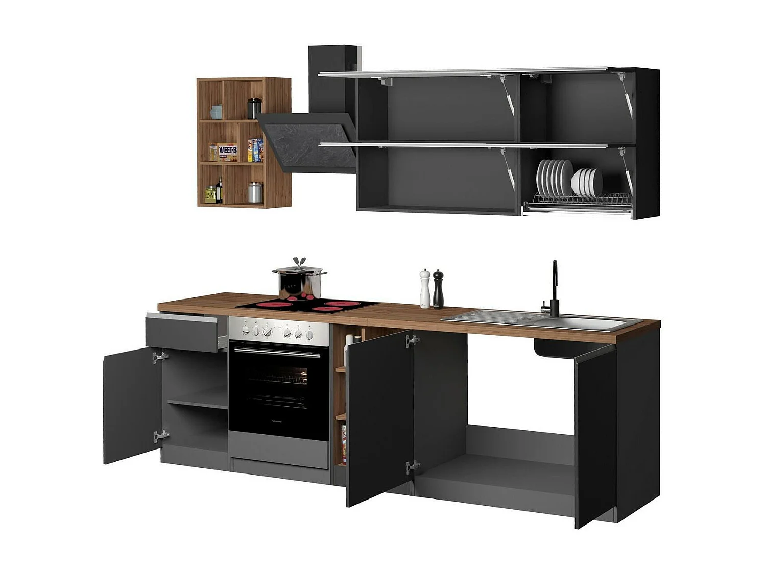 Cuisine complète Dcastill, Ensemble avec garde-manger, Meuble de kitchenette, Kit bloc linéaire, 100% Made in Italy, 255x60h85 cm, Anthracite et Chêne