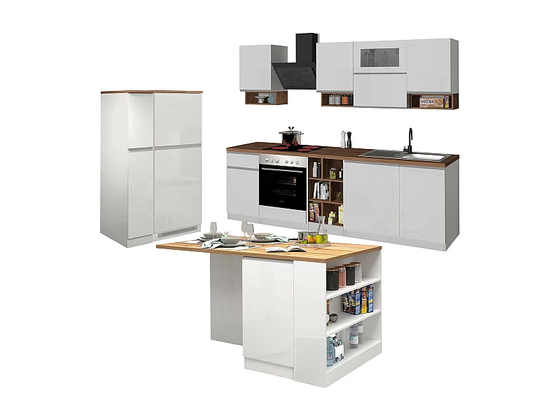 Cocina completa Armend, Set con despensa, Mueble cocina, Kit de bloques con isla y soporte para frigorífico, 100% Made in Italy, Blanco brillo y roble