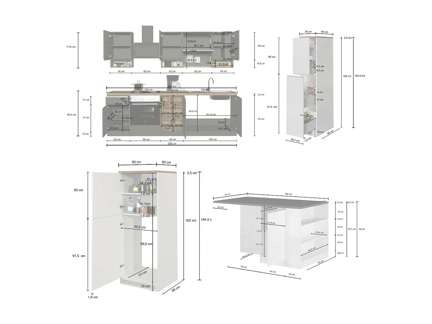 Dmora - Cucina completa Armend, 100% Made in Italy, Bianco lucido e Rovere