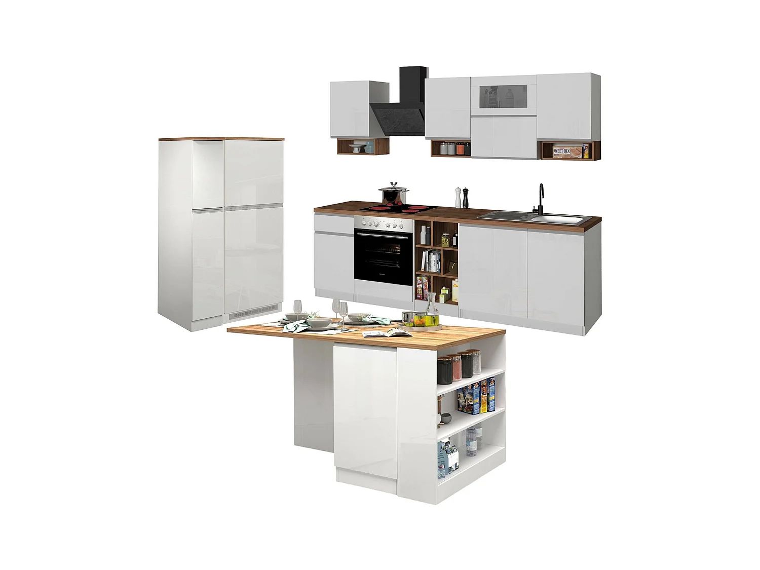 Cuisine complète Daquilant, Ensemble avec garde-manger, Meuble de kitchenette, Kit bloc avec îlot et porte-frigo, 100% Made in Italy, Blanc brillant et chêne
