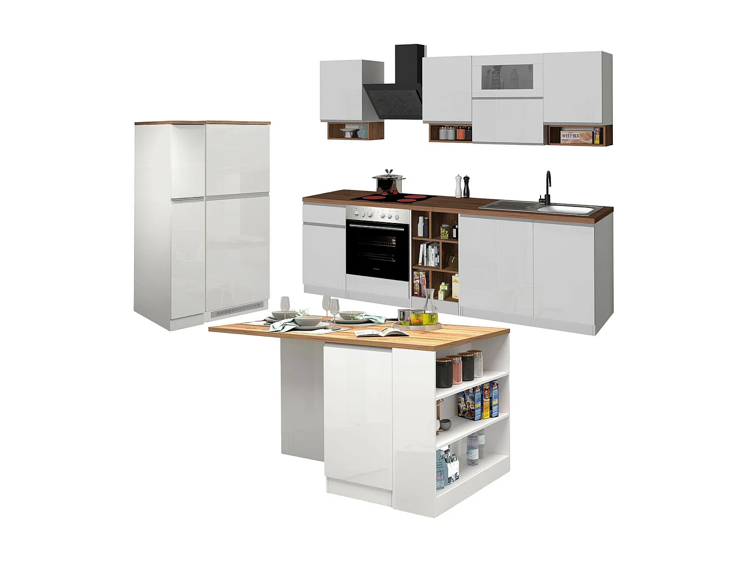 Cuisine complète Daquilant, Ensemble avec garde-manger, Meuble de kitchenette, Kit bloc avec îlot et porte-frigo, 100% Made in Italy, Blanc brillant et chêne