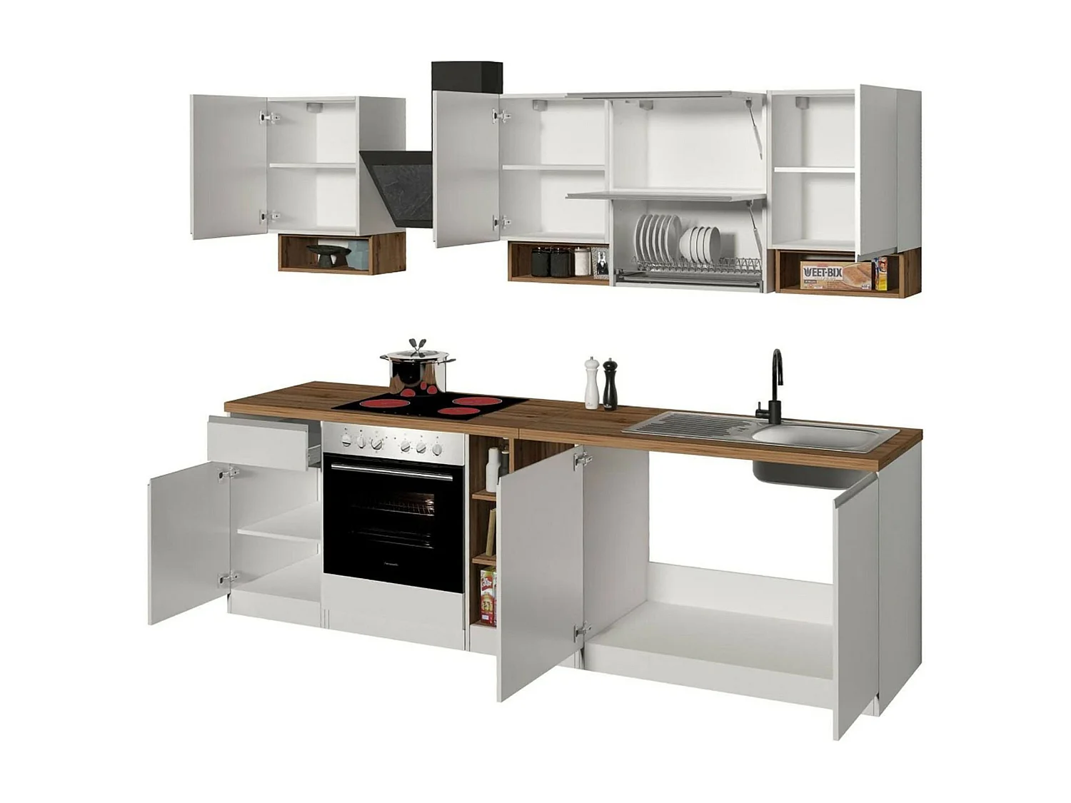 Cocina completa Armend, Set con despensa, Mueble cocina, Kit de bloques con isla y soporte para frigorífico, 100% Made in Italy, Blanco brillo y roble