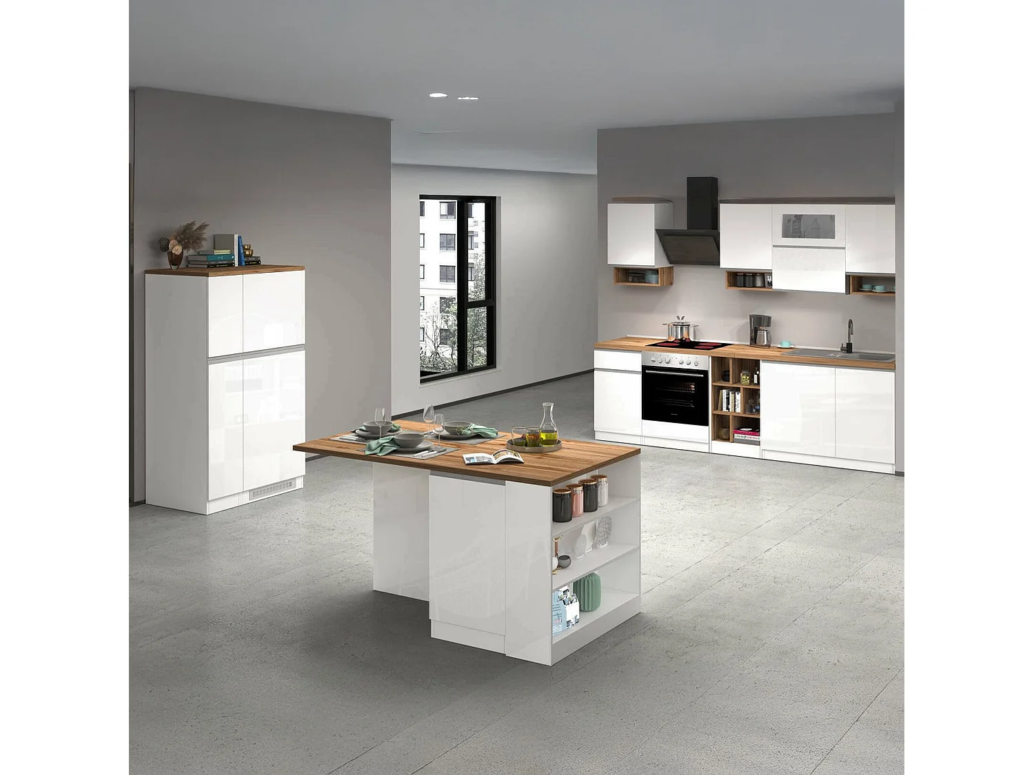 Cuisine complète Daquilant, Ensemble avec garde-manger, Meuble de kitchenette, Kit bloc avec îlot et porte-frigo, 100% Made in Italy, Blanc brillant et chêne