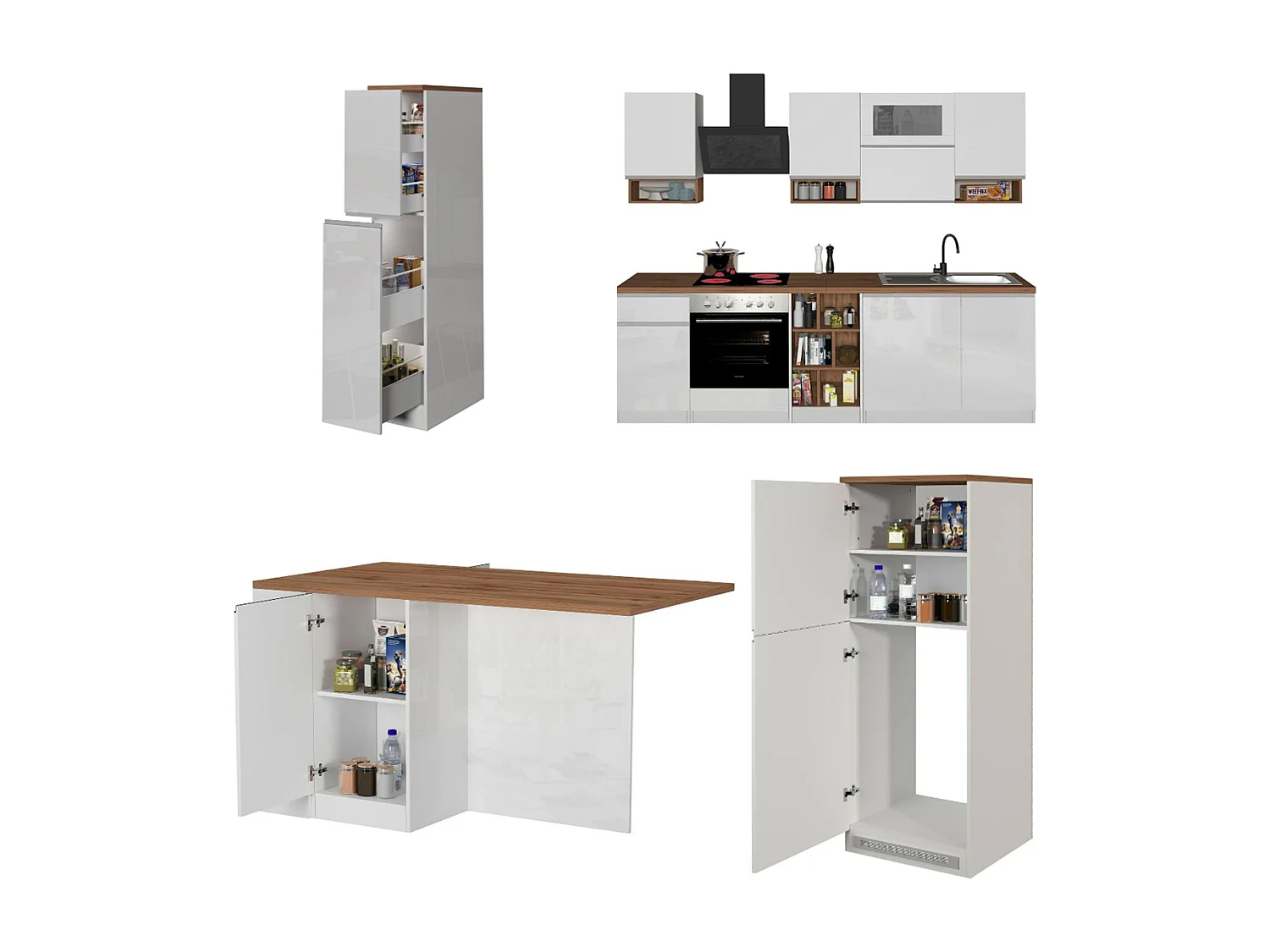 Cuisine complète Daquilant, Ensemble avec garde-manger, Meuble de kitchenette, Kit bloc avec îlot et porte-frigo, 100% Made in Italy, Blanc brillant et chêne