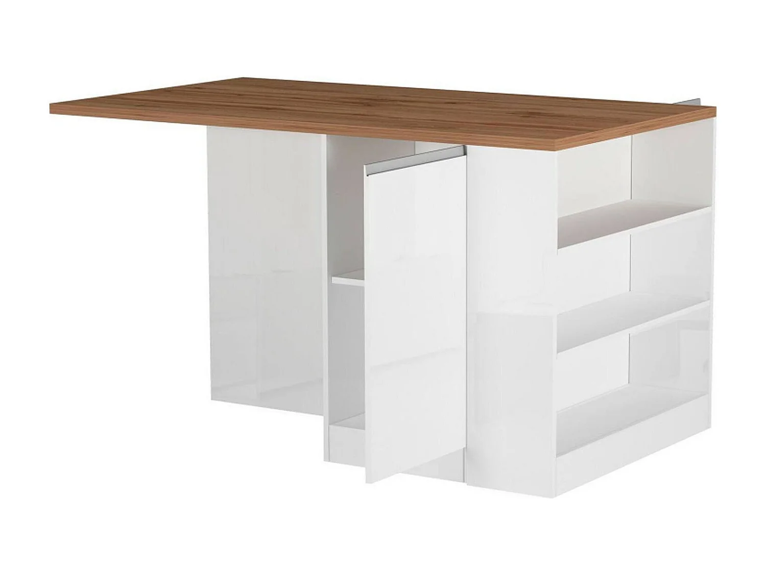 Cuisine complète Daquilant, Ensemble avec garde-manger, Meuble de kitchenette, Kit bloc avec îlot et porte-frigo, 100% Made in Italy, Blanc brillant et chêne