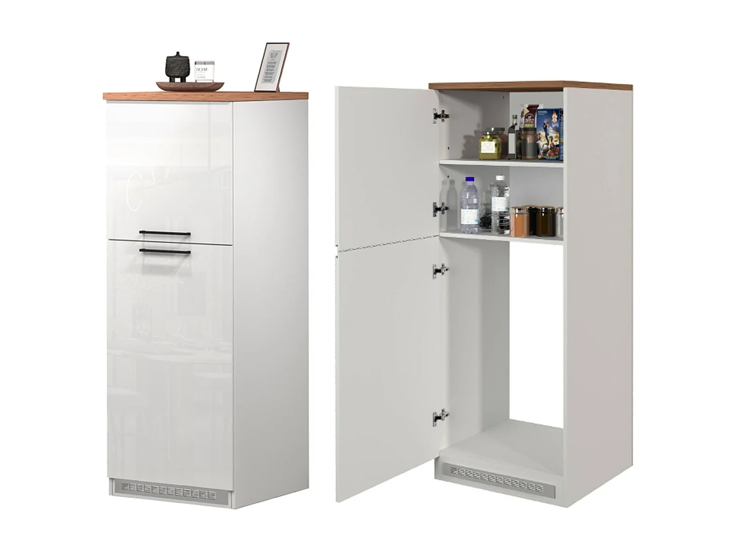 Cuisine complète Daquilant, Ensemble avec garde-manger, Meuble de kitchenette, Kit bloc avec îlot et porte-frigo, 100% Made in Italy, Blanc brillant et chêne