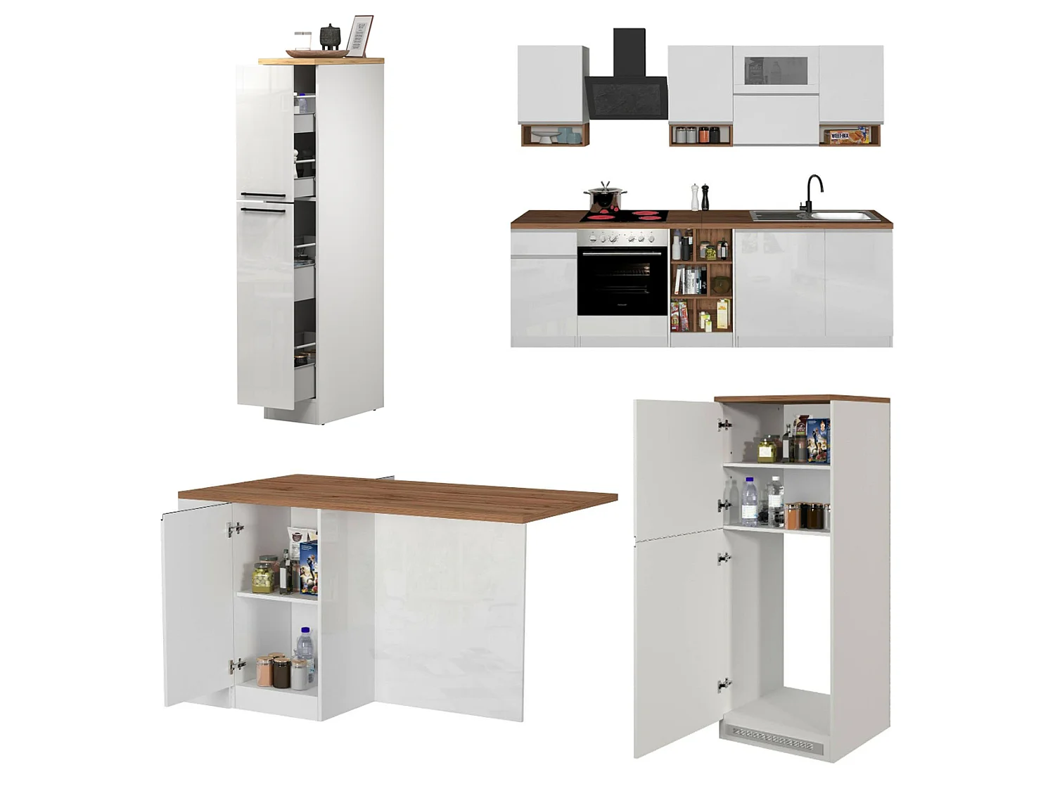 Cuisine Armend, modulable, fabriquée en Italie, blanc brillant, kitchenette, 30 étagères, 3 tiroirs, Électroménagers non inclus