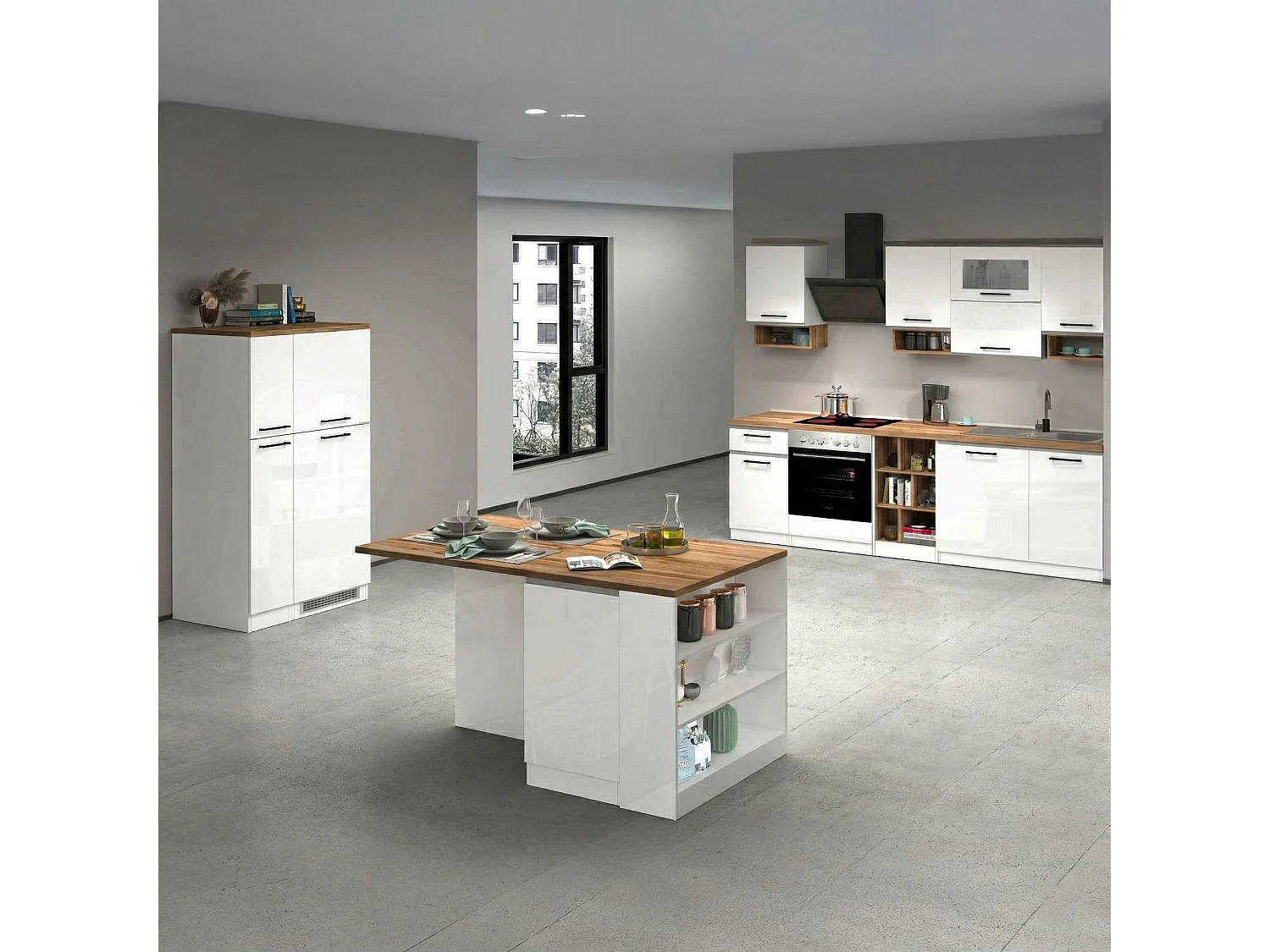 Cuisine Armend, modulable, fabriquée en Italie, blanc brillant, kitchenette, 30 étagères, 3 tiroirs, Électroménagers non inclus