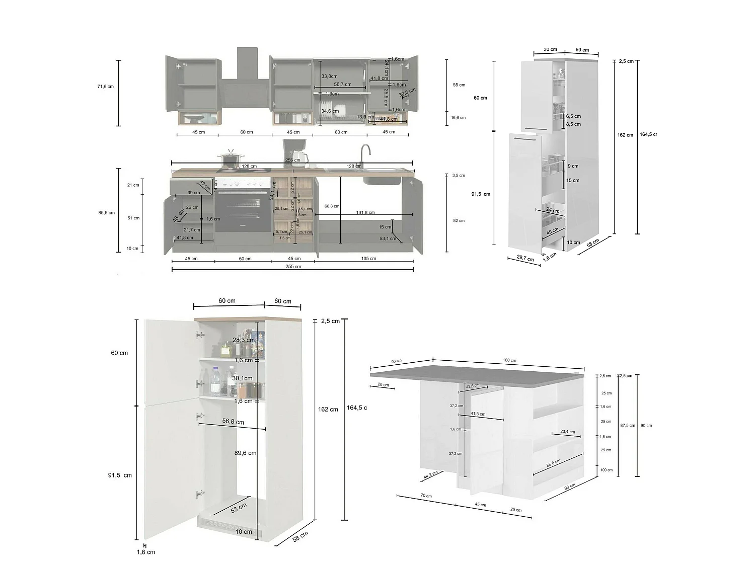 Cuisine Armend, modulable, fabriquée en Italie, blanc brillant, kitchenette, 30 étagères, 3 tiroirs, Électroménagers non inclus