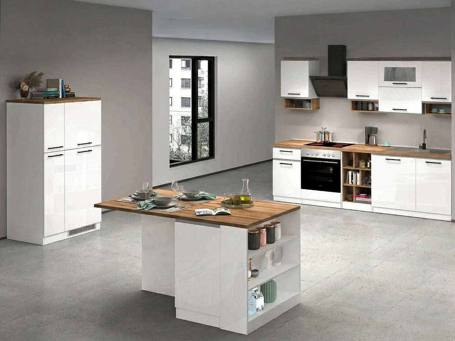 Cuisine Armend, modulable, fabriquée en Italie, blanc brillant, kitchenette, 30 étagères, 3 tiroirs, Électroménagers non inclus