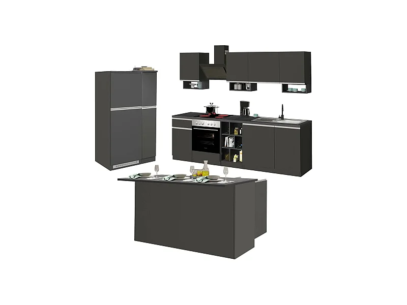 Dancelott complete keuken, Set met bijkeuken, Keukenkast, Blokkit met eiland en koelkasthouder, 100% Made in Italy, Antraciet en Leisteen
