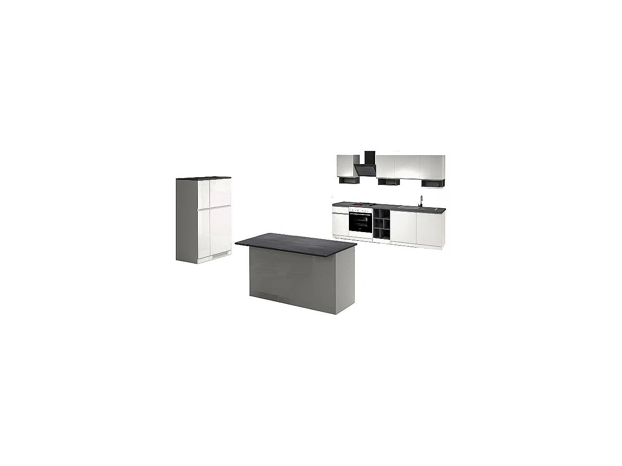 Cuisine complète Dancelott, Ensemble avec garde-manger, Meuble de kitchenette, Kit bloc avec îlot et porte-frigo, 100% Made in Italy, Anthracite et Ardoise