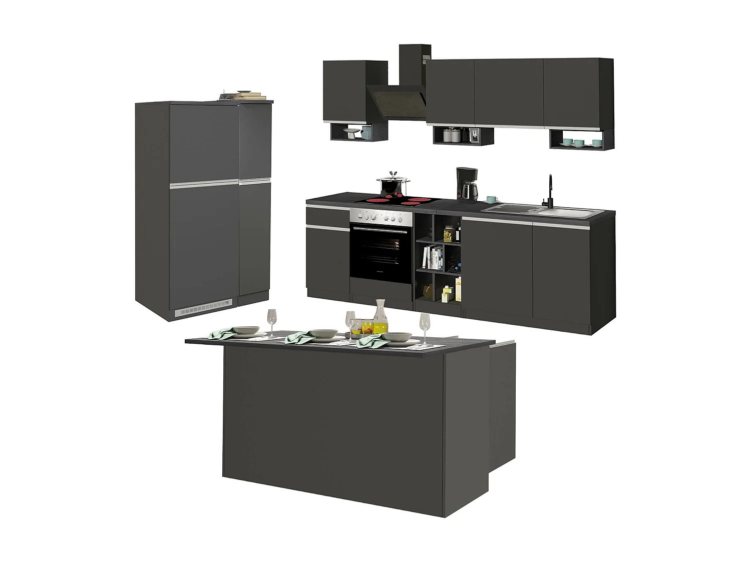 Cuisine complète Dancelott, Ensemble avec garde-manger, Meuble de kitchenette, Kit bloc avec îlot et porte-frigo, 100% Made in Italy, Anthracite et Ardoise