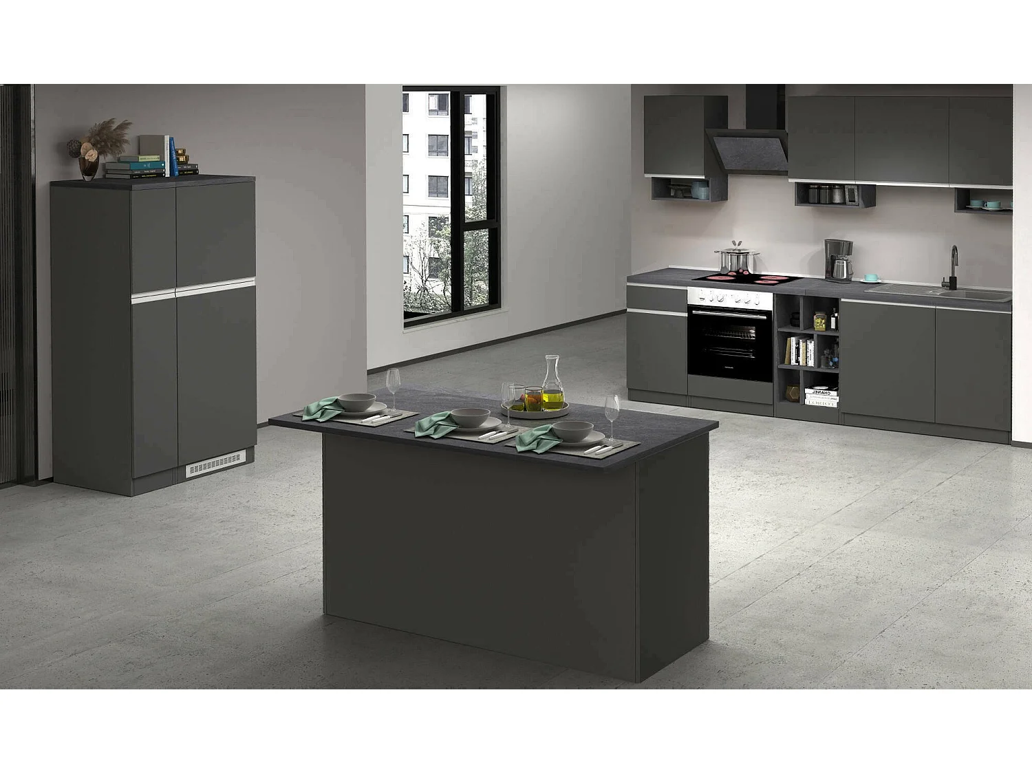 Cuisine complète Dancelott, Ensemble avec garde-manger, Meuble de kitchenette, Kit bloc avec îlot et porte-frigo, 100% Made in Italy, Anthracite et Ardoise