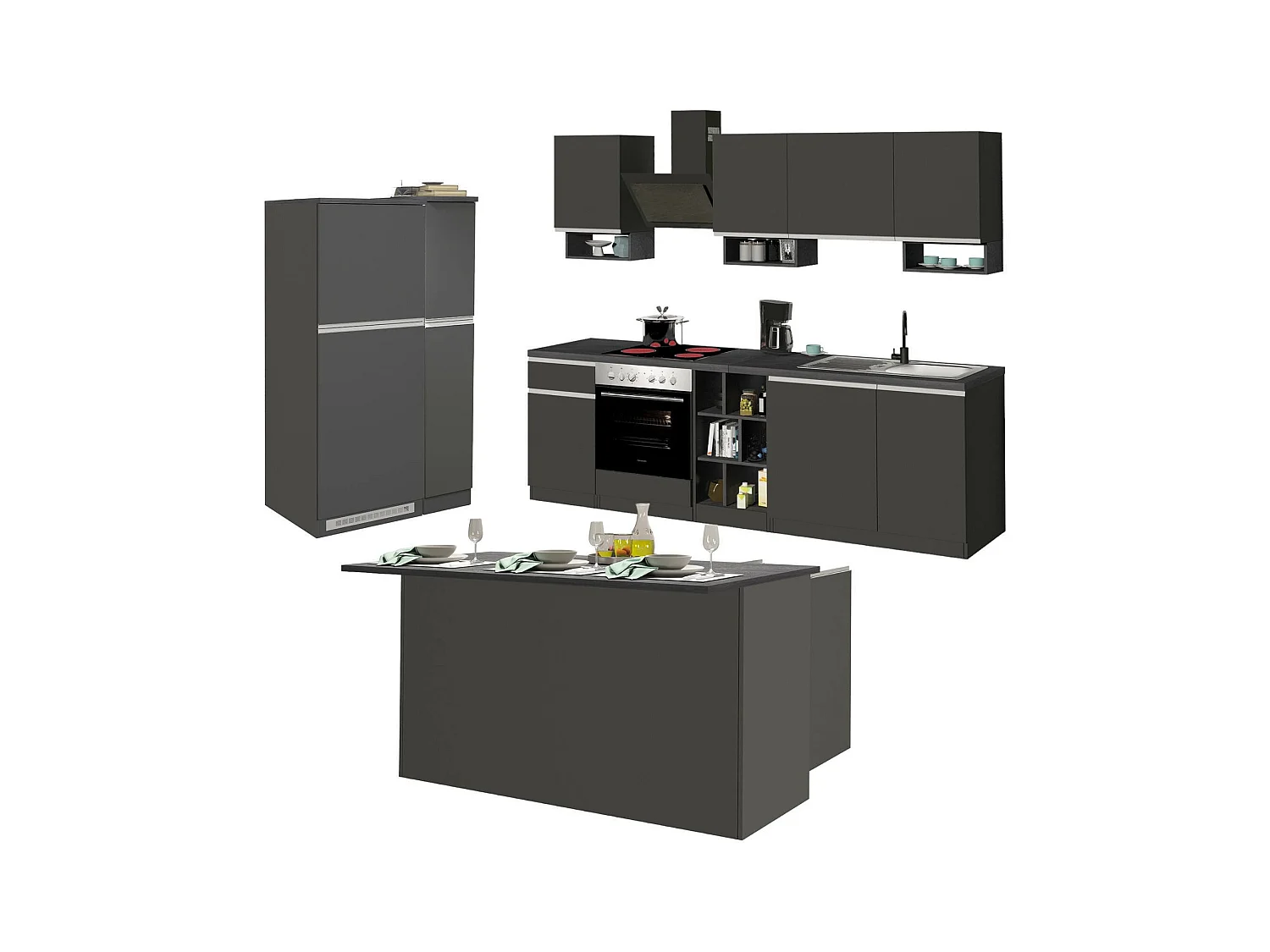 Vollständige Küche Dancelott, Set mit Speisekammer, Küchenzeile Schrank, Blockbausatz mit Insel und Kühlschrankträger, 100 % Made in Italy, Anthrazit und Schiefer