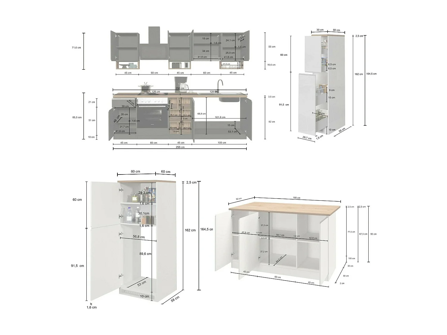 Dancelott complete keuken, Set met bijkeuken, Keukenkast, Blokkit met eiland en koelkasthouder, 100% Made in Italy, Antraciet en Leisteen