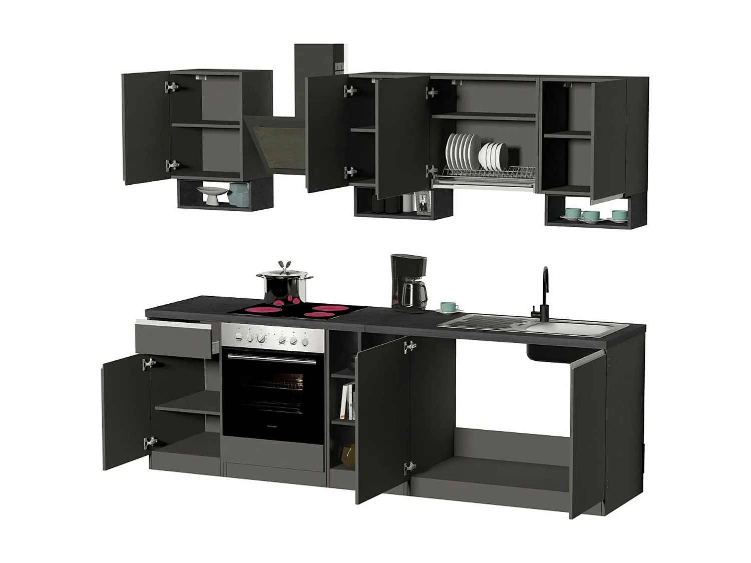 Cuisine complète Dancelott, Ensemble avec garde-manger, Meuble de kitchenette, Kit bloc avec îlot et porte-frigo, 100% Made in Italy, Anthracite et Ardoise