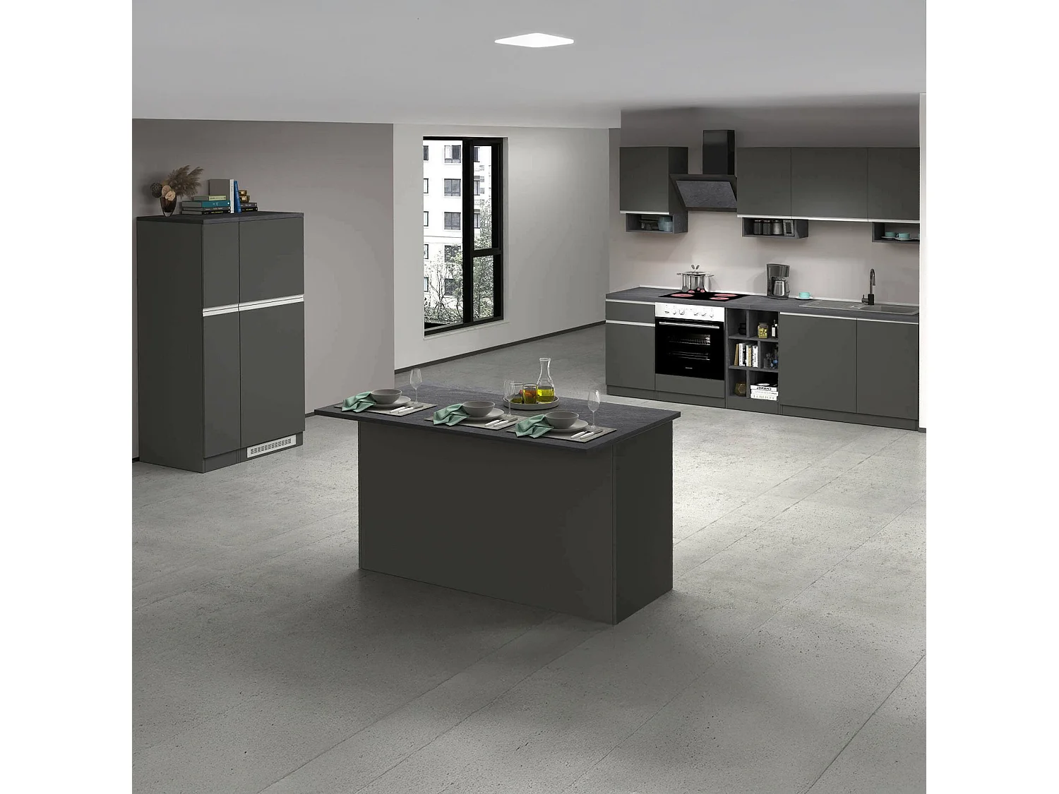 Cuisine complète Dancelott, Ensemble avec garde-manger, Meuble de kitchenette, Kit bloc avec îlot et porte-frigo, 100% Made in Italy, Anthracite et Ardoise
