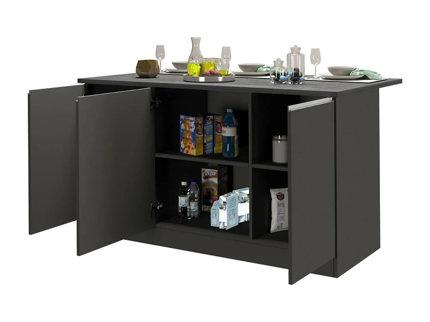Cuisine complète Dancelott, Ensemble avec garde-manger, Meuble de kitchenette, Kit bloc avec îlot et porte-frigo, 100% Made in Italy, Anthracite et Ardoise
