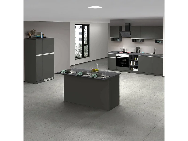 Cuisine complète Dancelott, Ensemble avec garde-manger, Meuble de kitchenette, Kit bloc avec îlot et porte-frigo, 100% Made in Italy, Anthracite et Ardoise